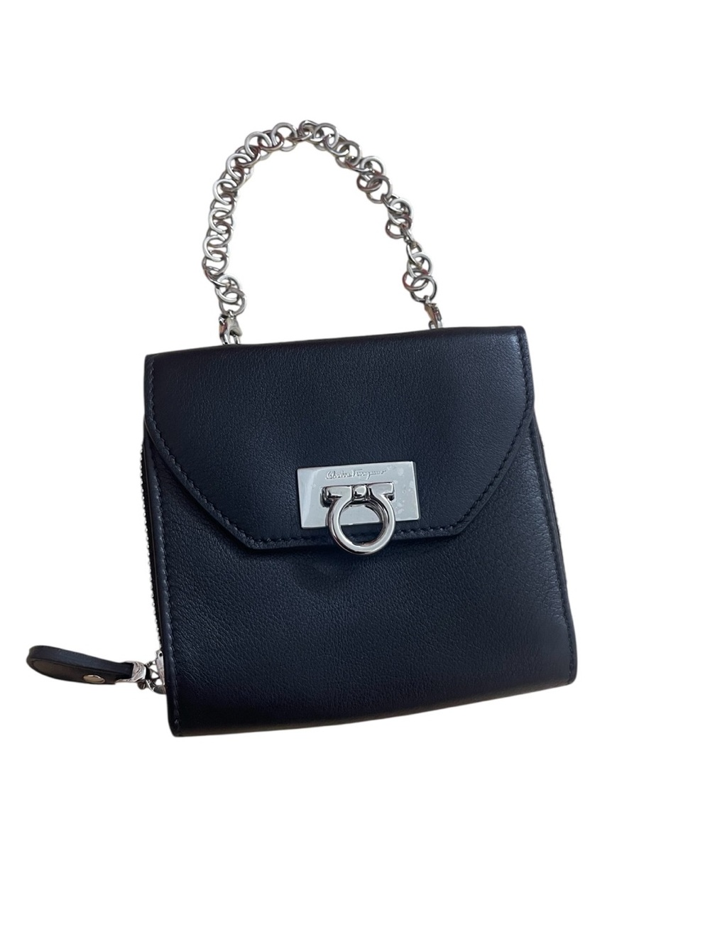 Salvatore Ferragamo Black Leather Mini Top-Handle Bag with Silver Chain